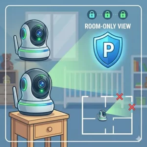 Proper camera placement in a nursery room showing baby monitor security risks and how to avoid privacy leaks from windows.