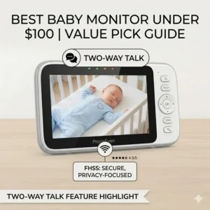 Using the two-way talk feature on the best baby monitor under 100 dollars to soothe a crying baby.