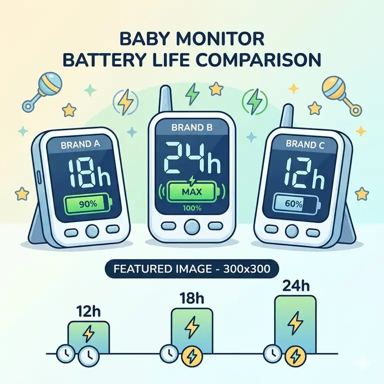 A side-by-side comparison of three top-rated products from the baby monitor battery life comparison guide, highlighting their respective hours on digital screens.