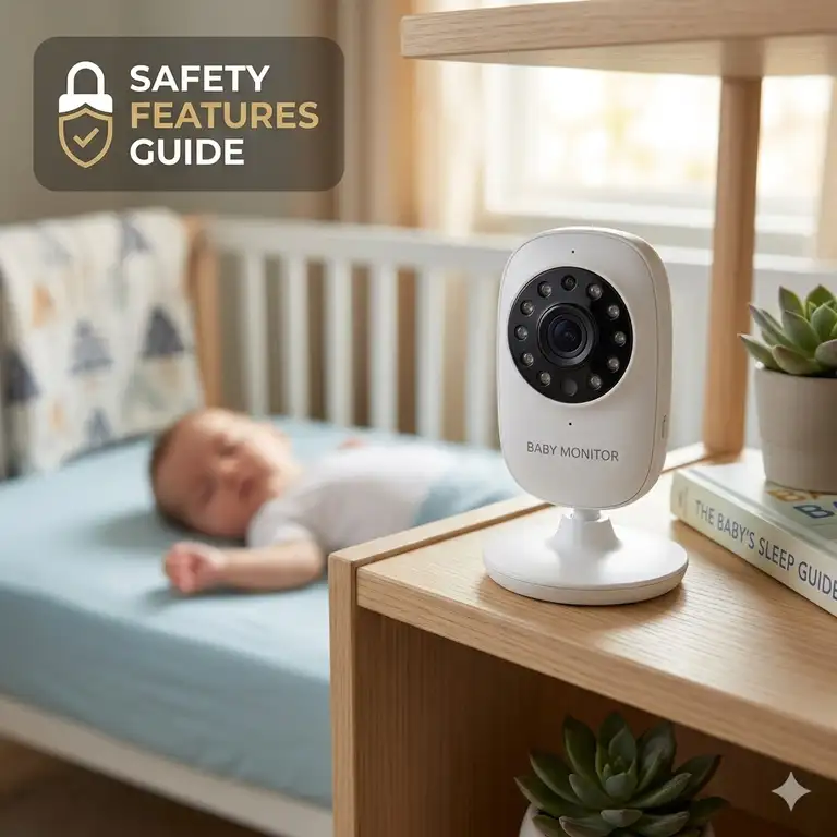 A high-definition smart baby monitor on a nursery shelf overlooking a sleeping infant in a crib, illustrating the baby monitor buying guide safety features.