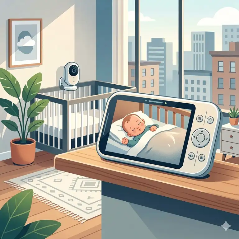 A video screen showing a sleeping baby, featuring the best baby monitor for apartment small space placed on a modern shelf.