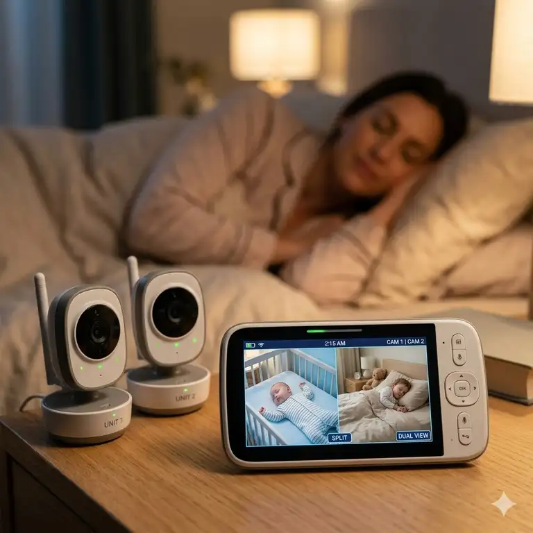 A high-definition split-screen parent unit from the best baby monitor with two cameras system showing two sleeping infants in separate rooms.
