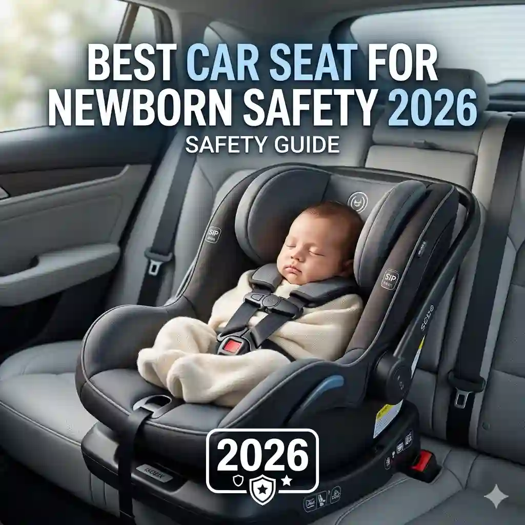: A sleeping infant secured in the best car seat for newborn safety 2026 model inside a vehicle.
