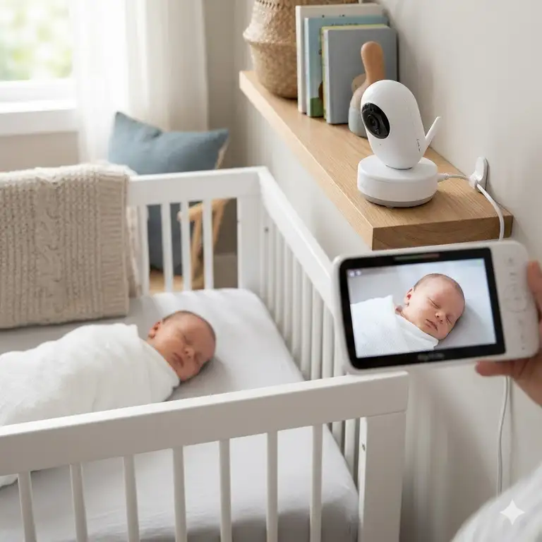 Featured Image: A sleeping newborn baby in a white crib with a modern video camera positioned safely on a nearby shelf, helping parents answer the question: do you need a baby monitor for newborn?