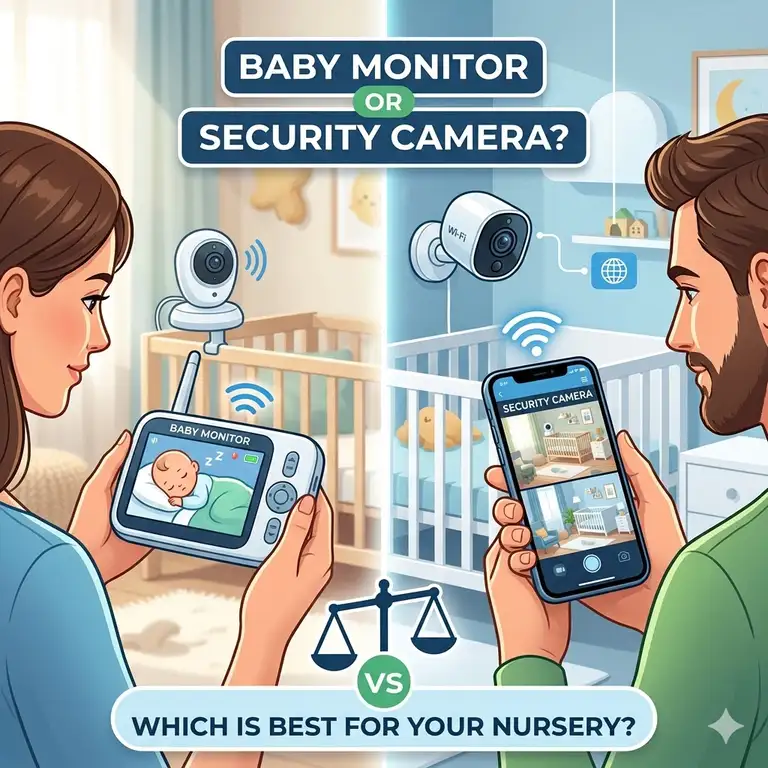 A comprehensive comparison of a baby monitor vs security camera for nursery showing both devices in a modern room.