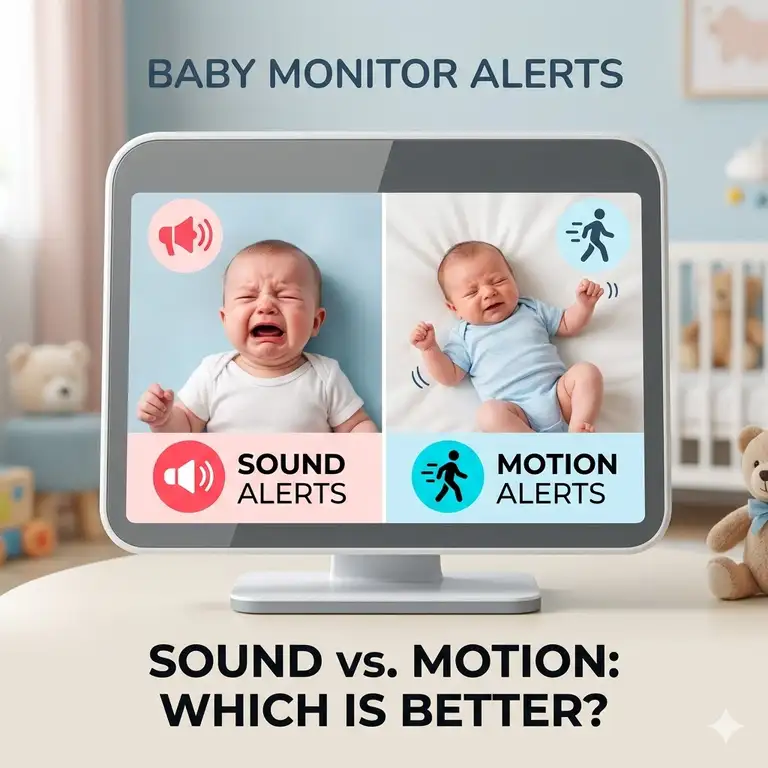 A comprehensive comparison layout showing a baby monitor with sound alerts vs motion alerts to help parents choose the best technology.