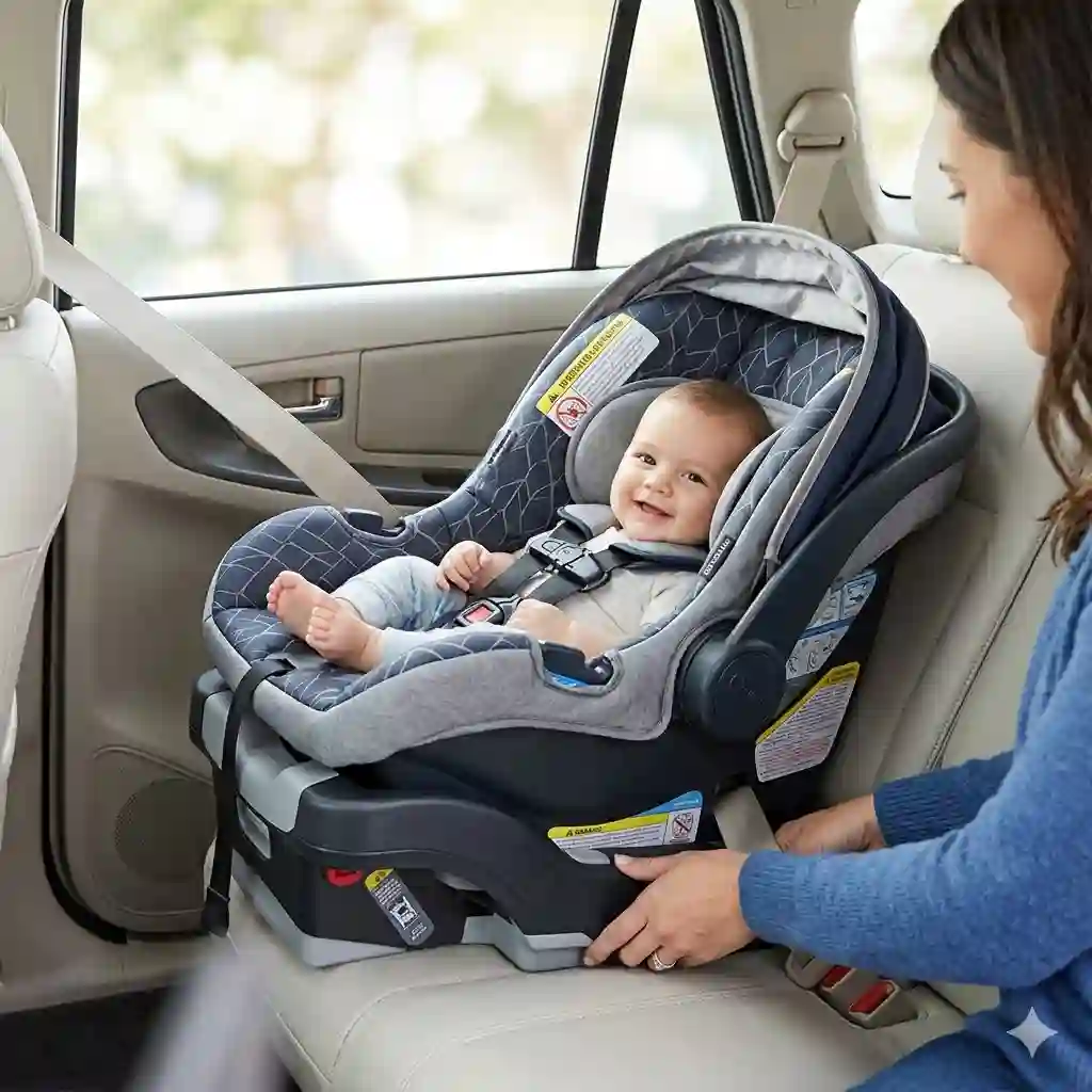 A properly secured infant inside an infant car seat installed to show how to install car seat rear facing correctly in the backseat of a vehicle.