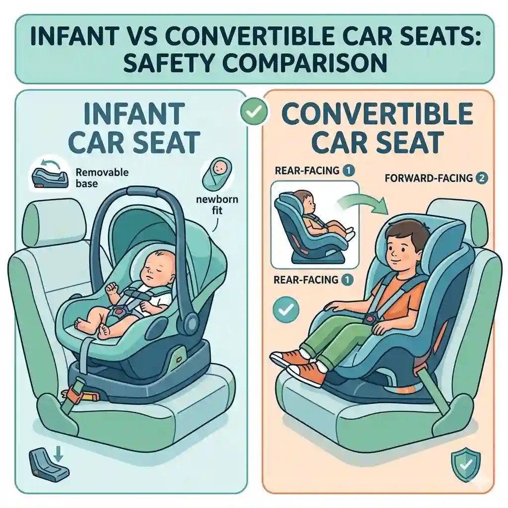 A side-by-side comparison diagram of an infant seat and a convertible seat, answering the question: infant car seat vs convertible which is safer?