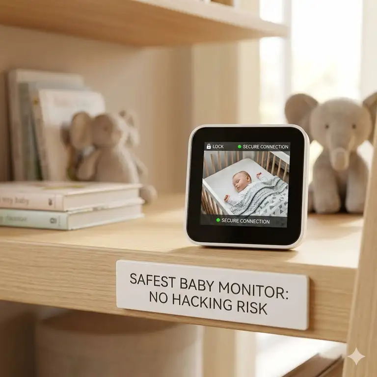 A secure, non-WiFi video safest baby monitor no hacking risk on a nursery shelf ensuring a private connection.