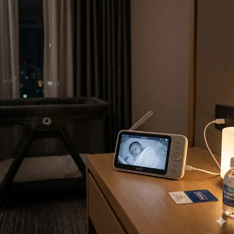 The best baby monitor for travel portable setup on a hotel nightstand.