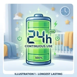 An illustration of a high-capacity baby monitor battery icon from the baby monitor battery life comparison guide, showing 24-hour continuous usage.