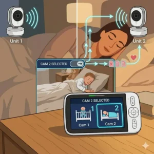 Graphic illustration showing the dual-view and toggle functionality on the best baby monitor with two cameras system.