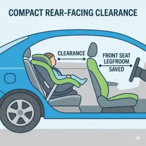 Measurement diagram for the best convertible car seat for small cars showing legroom clearance.