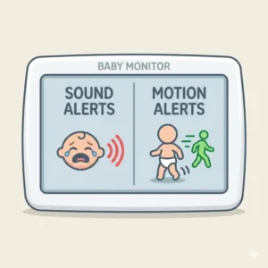 A digital interface of a baby monitor with sound alerts vs motion alerts highlighting the audio detection sensitivity for a crying infant.