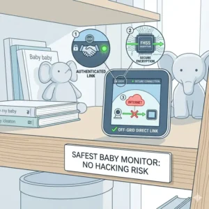 Technical diagram showing how a specific safest baby monitor no hacking risk creates a secure, encrypted digital link.
