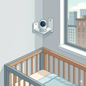 An illustration of a camera corner mount highlighting the best baby monitor for apartment small space to save nursery room.