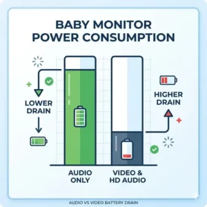 A bar chart in the baby monitor battery life comparison guide comparing the lower energy consumption of audio baby monitors against video monitors.