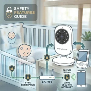 A safety diagram demonstrating safe mounting and cord placement guidelines from the baby monitor buying guide safety features.