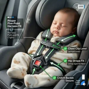 Close-up of a proper 5-point harness fit on the best car seat for newborn safety 2026.