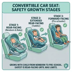 A visual guide showing a single convertible seat growing with a child from newborn to toddler, a factor when deciding infant car seat vs convertible which is safer.