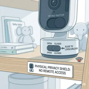 Close-up view of a safest baby monitor no hacking risk camera featuring a physical privacy lens cover.