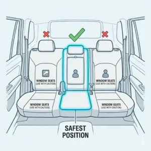 Top-down diagram highlighting the safest backseat location for achieving how to install car seat rear facing correctly.