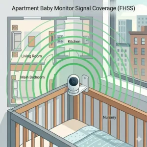 A 2D floor plan diagram showcasing the wireless signal coverage of the best baby monitor for apartment small space.