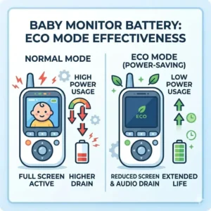 An infographic within the baby monitor battery life comparison guide showing how activating ECO mode reduces screen power drain.