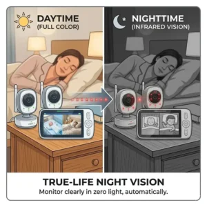 A side-by-side comparison illustration showing the daytime color view and automatic infrared night vision of the best baby monitor with two cameras system.