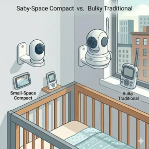 A side-by-side comparison drawing between a bulky traditional camera and the best baby monitor for apartment small space.