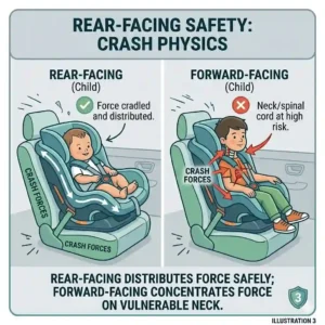 A comparative chart displaying distributed crash forces on a rear-facing baby versus concentrated forces on a forward-facing child to decide infant car seat vs convertible which is safer.