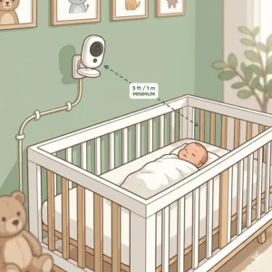 Illustration 3: An educational nursery graphic showing the mandatory 3 feet minimum distance for safe cord placement, answering safely do you need a baby monitor for newborn cribs.
