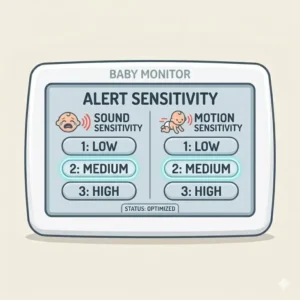 A settings menu on a baby monitor with sound alerts vs motion alerts allowing users to toggle between different notification types.
