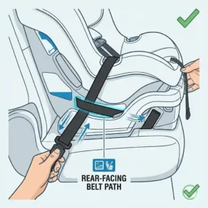 Close-up of threading lower anchor straps through the designated belt path, a key part of how to install car seat rear facing correctly.