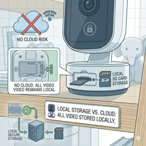 Illustration of a safest baby monitor no hacking risk using local SD card storage to eliminate cloud data threats.