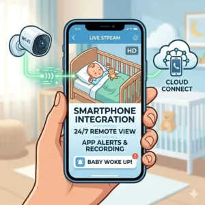 Smartphone integration and remote viewing capabilities of a baby monitor vs security camera for nursery.