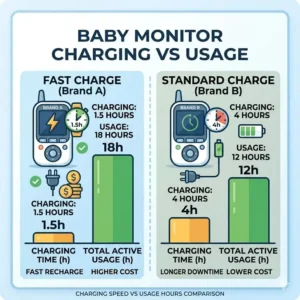 A comparison graphic from the baby monitor battery life comparison guide showing the time required for a full charge versus active monitoring hours.