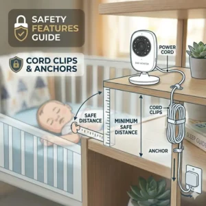 A split-screen graphic showing low battery and out-of-range alarms, which are vital baby monitor buying guide safety features.