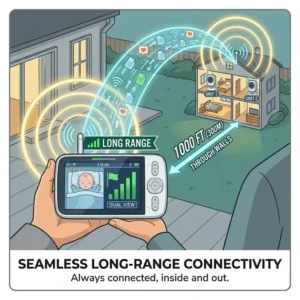 Digital illustration representing the long-range wireless signal connectivity of the best baby monitor with two cameras system throughout a large house.