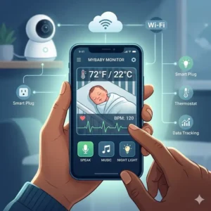 Illustration 4: A close-up view of a smartphone application tracking baby health metrics and video stream, showing features available when evaluating do you need a baby monitor for newborn tracking.