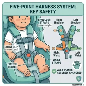 A close-up illustration of a proper five-point harness on a baby, a key mechanism when determining infant car seat vs convertible which is safer.