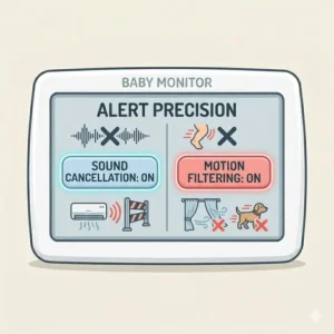 An infographic explaining the precision of a baby monitor with sound alerts vs motion alerts when filtering out background room noise.