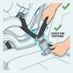 Pulling the vehicle shoulder seat belt to engage the retractor lock to ensure how to install car seat rear facing correctly.