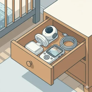 An illustration of a parent unit being stored in a small nightstand drawer, proving it is the best baby monitor for apartment small space.
