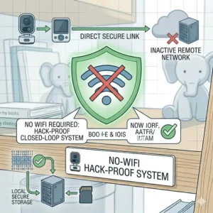 Visual representation of the distinct security shield and iconography of a safest baby monitor no hacking risk.