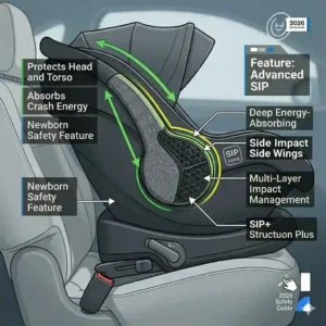 Advanced side impact protection wings highlighted on the best car seat for newborn safety 2026.