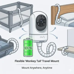A flexible "monkey tail" mount attached to the best baby monitor for travel portable.