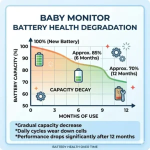A line graph in the baby monitor battery life comparison guide illustrating the gradual decrease in baby monitor battery capacity after 12 months.