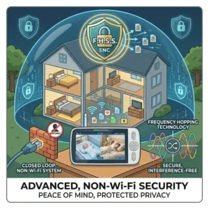 An infographic highlighting the secure FHSS encryption and hack-proof technology used in the best baby monitor with two cameras system.