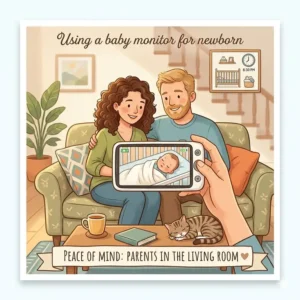 Illustration 5: A relaxed mother and father sitting together on a living room sofa looking at a clear parent unit display, demonstrating why do you need a baby monitor for newborn peace of mind.